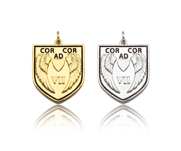 Dainty Angle Wings Heart On Shield  Shape Pendant,Gold/Silver Medallion Charm, Shield Necklace Bracelet Charm Pendant,19x24mm, Sku#L538