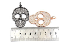 CZ Clear/Black Micro Pave Skull Pendant, CZ Pave Pendant, Gold/Rose Gold/Silver/Gunmetal plated, Halloween Pave, 35x50mm, Sku#F785