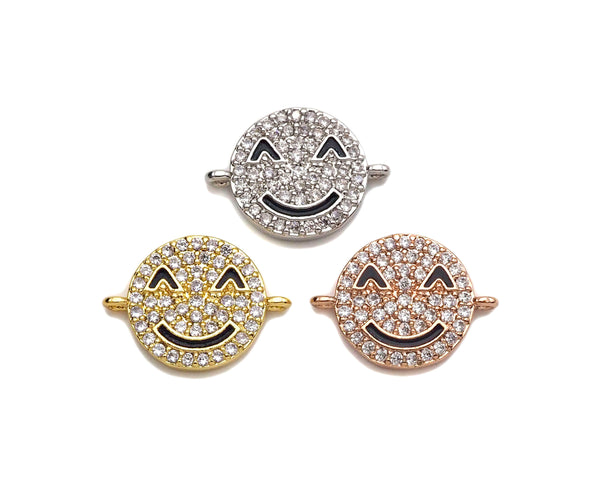 CZ Micro Paved Smiley Face Round Coin Connector,Cubic Zirconia Connector,Rose Gold/Silver/Gold plated, 12x16mm,Sku#Z1300