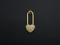 CZ Micro Pave Heart Lock Pendant, Cubic Zirconia Heart Pendant, Gold Tone pendant, 11x26mm, sku#F1110
