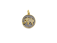 CZ Clear Micro Pave Elephant On Round Coin Pendant, Round Shaped Pave Pendant, Gold plated, 15mm, Sku#Z1014