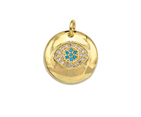CZ Micro Pave Colorful Evil Eye On Round Coin Charms, 18k Dainty Gold Charms Pendant, Evil Eye Necklace Charms, 15x15mm, Sku#F1304