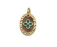 Brown Enamel Clover On Oval Pendant,CZ Micro Pave Enamel pendant,Enamel Charm,Enamel Jewelry,9x12mm,sku#Z1234