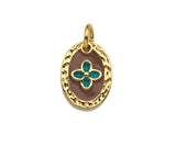 Brown Enamel Clover On Oval Pendant,CZ Micro Pave Enamel pendant,Enamel Charm,Enamel Jewelry,9x12mm,sku#Z1234