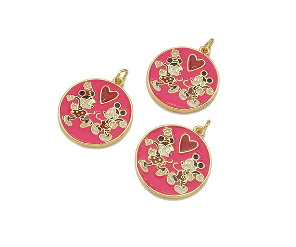 Colorful Enamel Mickey Mouse On Round Coin Pendnat,Red Black Enamel Gold Charm , Colorful Enamel, 23x20mm, Sku#LK263