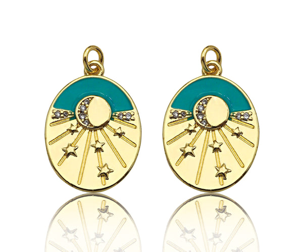 Gold Filled Turquoise Enamel with Radial Star On Oval Shape Pendant,CZ Micro Pave 18K Gold Filled Enamel Charm,16x22mm,Sku#Z1360