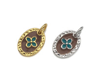 Brown Enamel Clover On Oval Pendant,CZ Micro Pave Enamel pendant,Enamel Charm,Enamel Jewelry,9x12mm,sku#Z1234