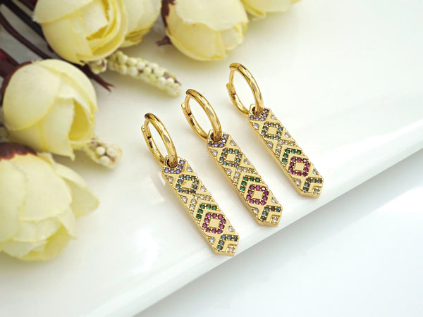 Clorful CZ Micro Pave Latch Back Bar Earring, Long Bar Huggie Earrings,Colorful CZ micro pave earrings, 6x35mm, sku#J238