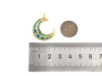 Turquoise Blue Enamel On Cresent Moon Shape Pendant/Charm,Gold Cubic Zirconia Charm, Necklace Bracelet Charm Pendant,21x24mm, Sku#Z1279