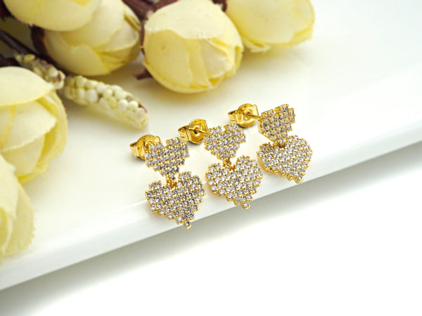 CZ Micro Pave Stud Earring, Double Heart Earrings, 10x16mm, sku#J219