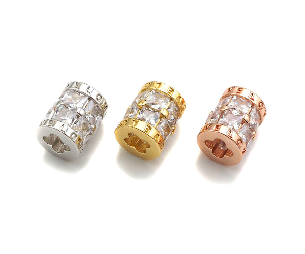 CZ Micro Pave Clover Shape Large Hole Tube spacer Beads Charms/Drum Barrel Beads, Clear CZ Tube Spacer,7x8mm, Sku#Y354