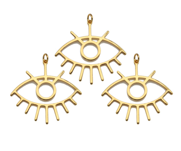 CZ Micro Pave Evil Eye with Eyelash Frame Pendant/Charm, Gold Evil Eye Cubic Zirconia Pendant Charm,36x33mm,sku#Y313
