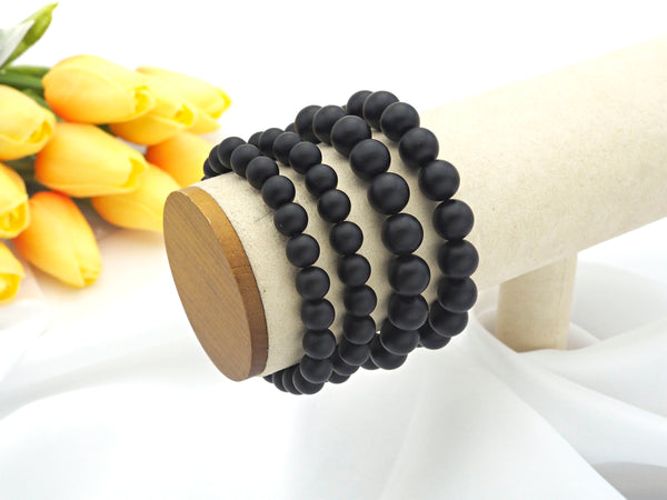 High Quality Natural Matt Black Onyx Stretchy Bracelet,8mm/10mm/12mm Elastic Fit Round Matt Smooth Bracelet, 7.5'' Bracelet,Sku#EF05