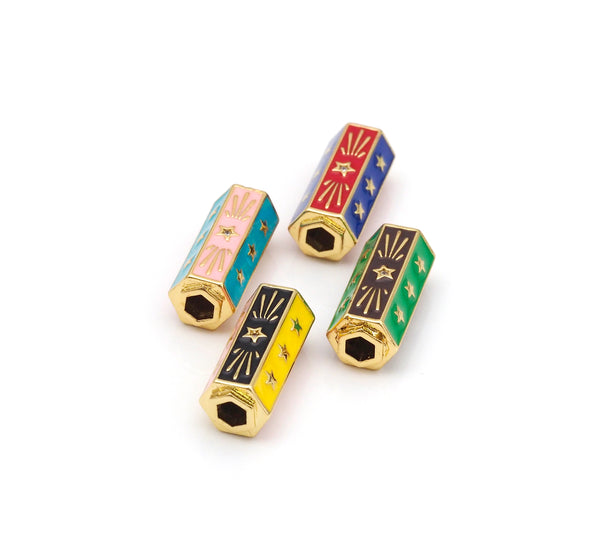 Gold Star Colorful Enamel Hexagon Tube Spacer Beads, Sku#Y526