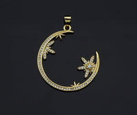 Clear CZ Micro Pave Flower Star On Cresent Moon Shape Pendant Charm, Cubic Zirconia Moon Charm,30x33mm,Sku#LK156