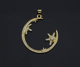 Clear CZ Micro Pave Flower Star On Cresent Moon Shape Pendant Charm, Cubic Zirconia Moon Charm,30x33mm,Sku#LK156