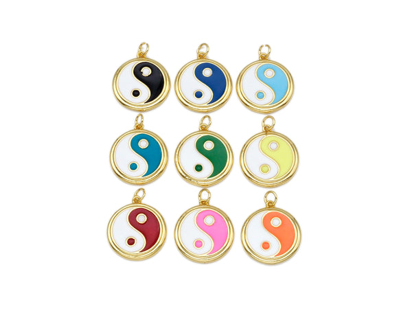 Colorful Enamel Yinyang Round Coin Pendant, 18K Gold Filled Enamel Tai Ji Pendant, Religious Necklace Bracelet Charm, 22x20mm,Sku#LK429