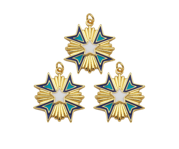 Gold Filled Enamel Star Medallion Pendant, 18K Gold Filled Tuequoise Blue/White Enamel Charm,Enamel Jewelry,23x24mm,Sku#Z1361