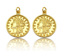 18k Dainty Gold Embossed Queen Coin Charms, Dainty Gold Emblem Pendant, Round Necklace Charms, 18mm, Sku#Z1249