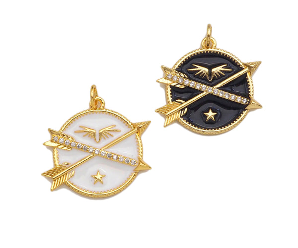 Black/White Enamel PAVE Arrows Cross On Round Coin Pendant, Enamel Round Pendant, Pave Enamel Jewelry Findings,25x21mm,sku#FH148