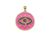 Gold Filled Colorful CZ Evil Eye On Enamel Round Coin Shape Pendant, 18K Gold Filled Micro CZ Pave Charm, 25x23mm,Sku#FH173