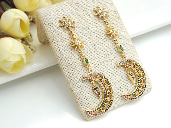 CZ Star Moon Dangle Earrings, Sku#J240