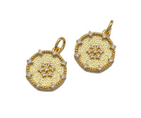 CZ Micro Pave Snowflake On Round Coin Charms, 18k Dainty Gold Charms Pendant, Snowflake Necklace Charms, 14x15mm, Sku#F1305