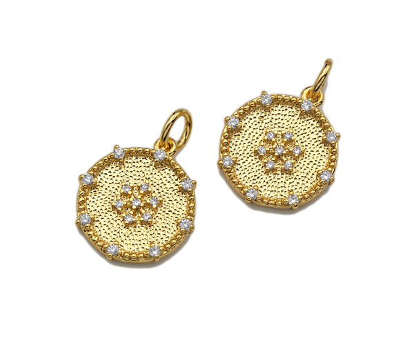 CZ Micro Pave Snowflake On Round Coin Charms, 18k Dainty Gold Charms Pendant, Snowflake Necklace Charms, 14x15mm, Sku#F1305