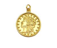 18k Dainty Gold Embossed Queen Coin Charms, Dainty Gold Emblem Pendant, Round Necklace Charms, 18mm, Sku#Z1249
