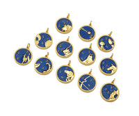 Gold Filled Cobalt Enamel Constellation Pattern On Round Coin Pendant,18K Gold Filled with Bling Effect Enamel Charm,19x17mm,Sku#F1402