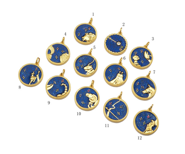 Gold Filled Cobalt Enamel Constellation Pattern On Round Coin Pendant,18K Gold Filled with Bling Effect Enamel Charm,19x17mm,Sku#F1402