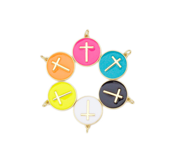 Gold Filled Colorful Enamel Cross On Round Coin Shape Pendant, 18K Gold Filled Enamel Charm,Enamel Jewelry, Cross Charm,18x20mm,sku#L598