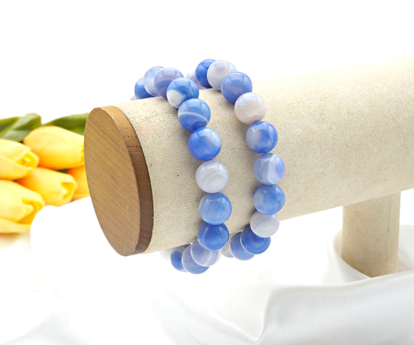 High Quality Natural Blue Banded Agate Stretchy Bracelet, 8mm/10mm/12mm Elastic Fit Round Smooth Agate Bracelet, Sku#EF29