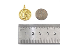 18k Dainty Gold Embossed Queen Coin Charms, Dainty Gold Emblem Pendant, Round Necklace Charms, 18mm, Sku#Z1249