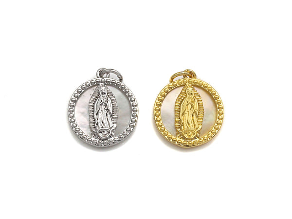 CZ Micro Pave Mary on Mother-of-pearl Coin Pendant/Charm, Cubic Zirconia Pendant Charm, Religious Charm, 15x18mm,sku#Z687