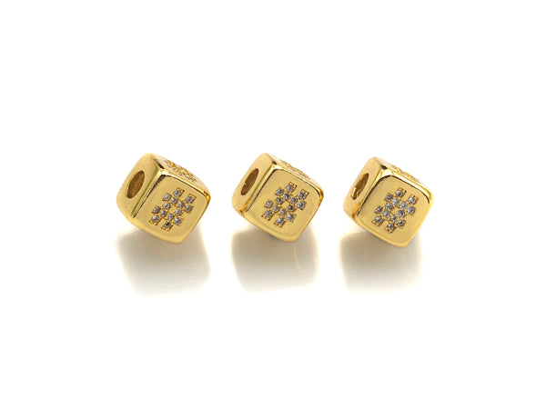 CZ Micro Pave # Symbol Dice Spacer Beads, Cubic Zirconia Cube Spacer Beads, 24k Gold Tone, 8.5mm, sku#Z720