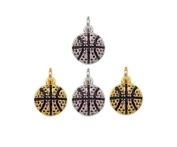 CZ Micro Pave Gold Silver Basketball Charm, Cubic Zirconia Pendant, Sport ball Charm, CZ Micro Pave Pendant,11x13mm, Sku#F1348