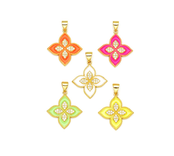 CZ Micro Pave Colorful Enamel Flower Shape Pendant, 18K Gold Filled Clover Charm, Necklace Bracelet Charm Pendant, 22x20mm,Sku#LK430