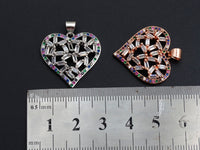 Bagette CZ Micro Pave Filigree Heart Pendant, Heart Shaped Pave Pendant, Gold/Rose Gold/Silver/Gunmetal plated, 28mm, Sku#FH44