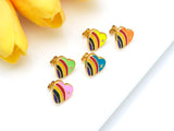 Colorful Rainbow Enamel Heart Earrings, 18K Gold Filled CZ Micro Pave Stud Earrings, Enamel CZ Jewelry, 14x14mm, Sku#O69