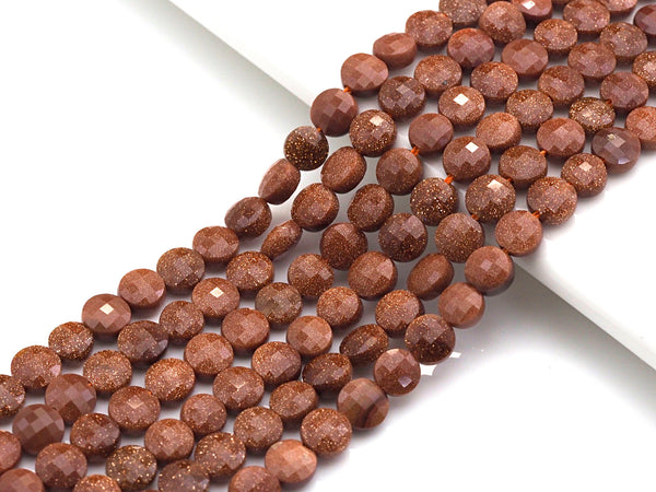 Double Sided Turtle Shell Cut Goldstone Coin beads, 6mm Flat coin faceted, Natural Gemstone Beads, 16" Full strand, sku#U605