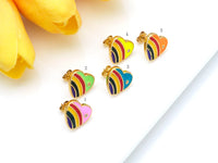 Colorful Rainbow Enamel Heart Earrings, 18K Gold Filled CZ Micro Pave Stud Earrings, Enamel CZ Jewelry, 14x14mm, Sku#O69