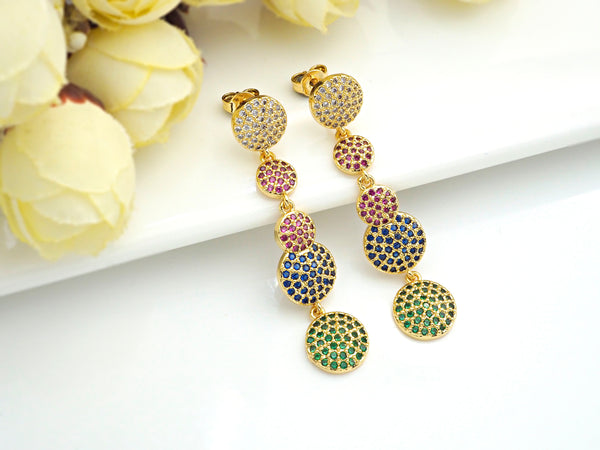 Colorful CZ Micro Pave Five Round Dots Dangle&Drop Earrings, Colorful CZ micro pave earrings, Statement Earrings, 47mm, sku#J275