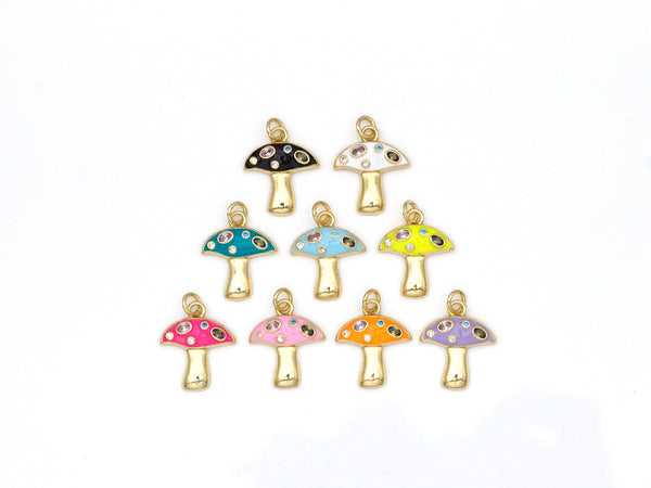 Colorful CZ Micropave Mushroom Shape Pendant, 18k Gold Filled Enamel Mushroom Charm, Necklace Bracelet Charm Pendant,16x19mm,Sku#F1428