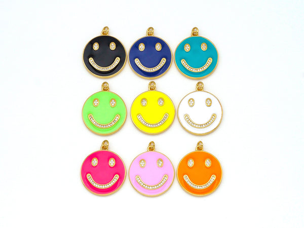 CZ Micropave Colorful Enamel Smiley Face Shape Pendant, 18K Gold Filled Smiley Face Charm, Necklace Bracelet Charm Pendant,24x28mm,Sku#ML51