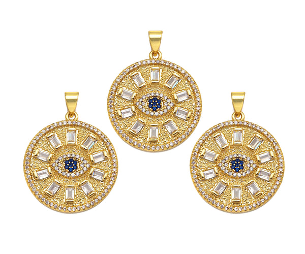 Big CZ Micro Pave Evil Eye On Round Coin Shape Pendant/Charm,Cubic Zirconia Medallion Charm, Necklace Bracelet Charm, 26x23mm, Sku#F1360