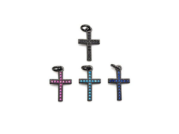 CZ Micro Pave Cross Charm, Black/Fuchsia/Turquoise/Cobalt Blue Cubic Zirconia Cross, 10x16mm, sku#X143