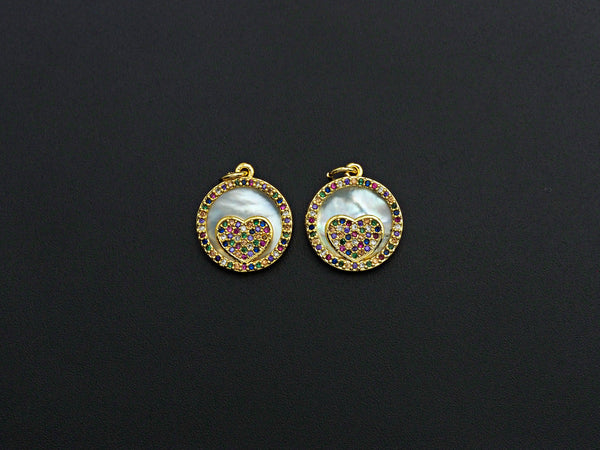 Colorful CZ Micro Pave Colorful Heart on Mother-of-pearl Pendant Charm, Cubic Zirconia Charm, 15mm,sku#Z916