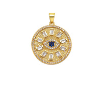 Big CZ Micro Pave Evil Eye On Round Coin Shape Pendant/Charm,Cubic Zirconia Medallion Charm, Necklace Bracelet Charm, 26x23mm, Sku#F1360