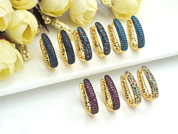 Colorful CZ Gold Hoop Earrings, Sku#J242